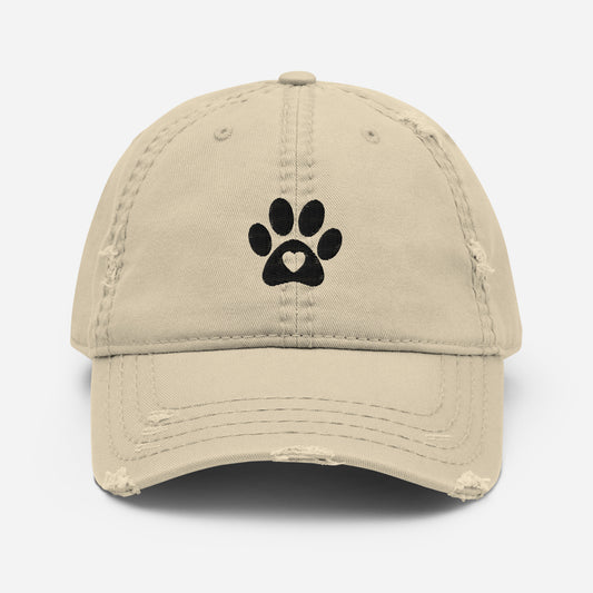 Dog Paw with Heart Embroidered Distressed Dad Hat