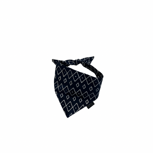 Navy print tie on Dog Bandana